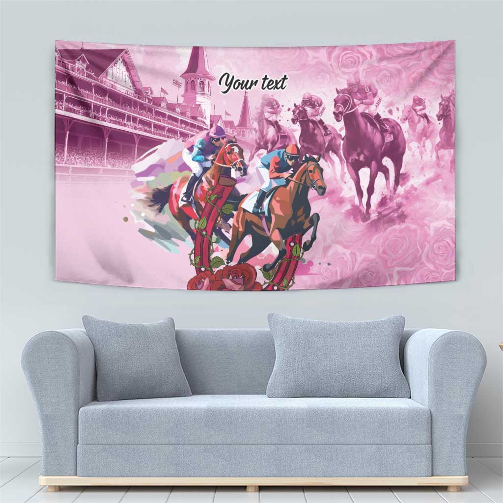 Pink horse race tapestry with colorful riders, horses, and rose motifs