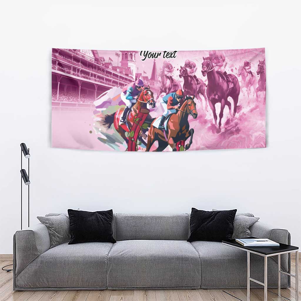 Pink horse race tapestry with three riders, horses, and dynamic splash design