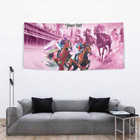 Pink horse race tapestry with three riders, horses, and dynamic splash design