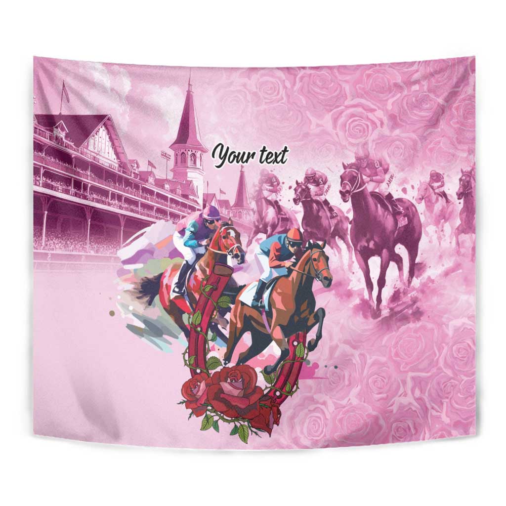 Pink horse race tapestry close-up with riders, horses, and rose pattern border