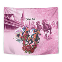 Pink horse race tapestry close-up with riders, horses, and rose pattern border