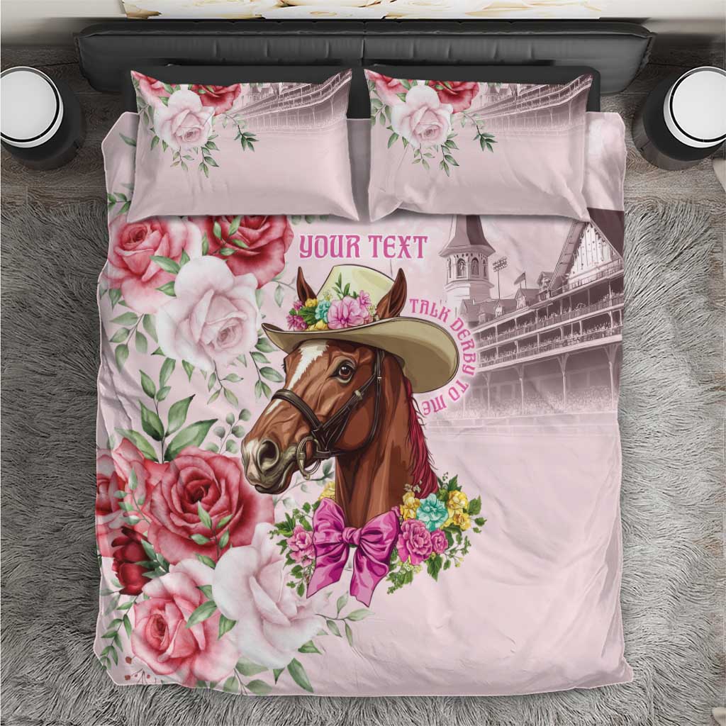 Pink floral horse print bedding set with two matching pillowcases