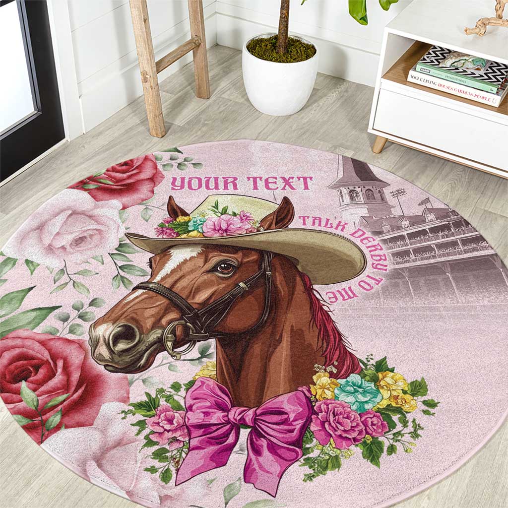 Pink round carpet with horse portrait, roses, and 'YOUR TEXT' banner