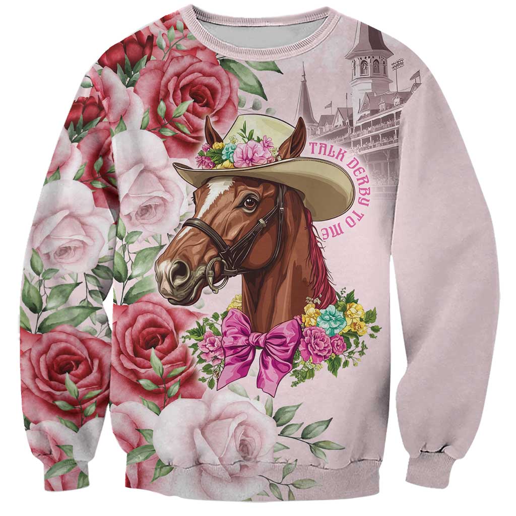 Light pink sweatshirt with floral horse graphic and 'Talk Derby' text