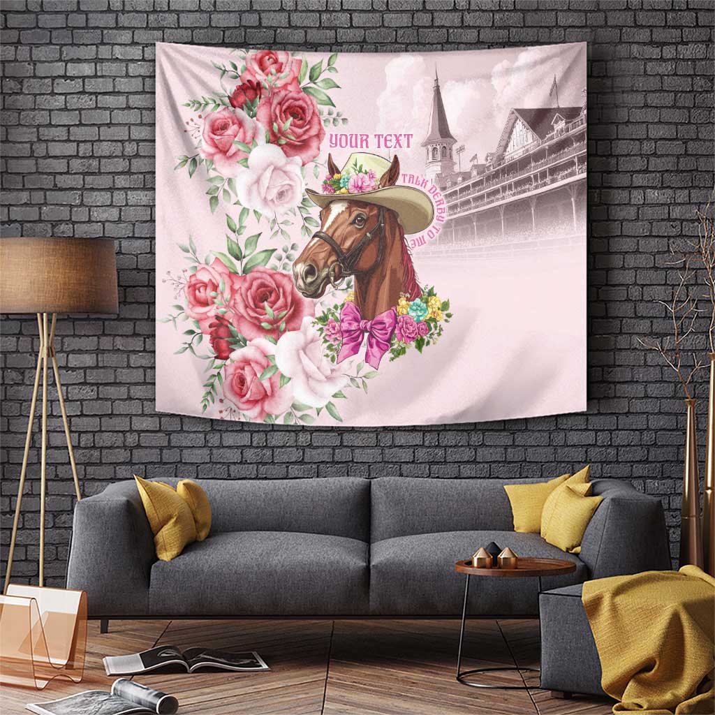 Pink floral horse tapestry with roses, derby hat, and message text wall hanging