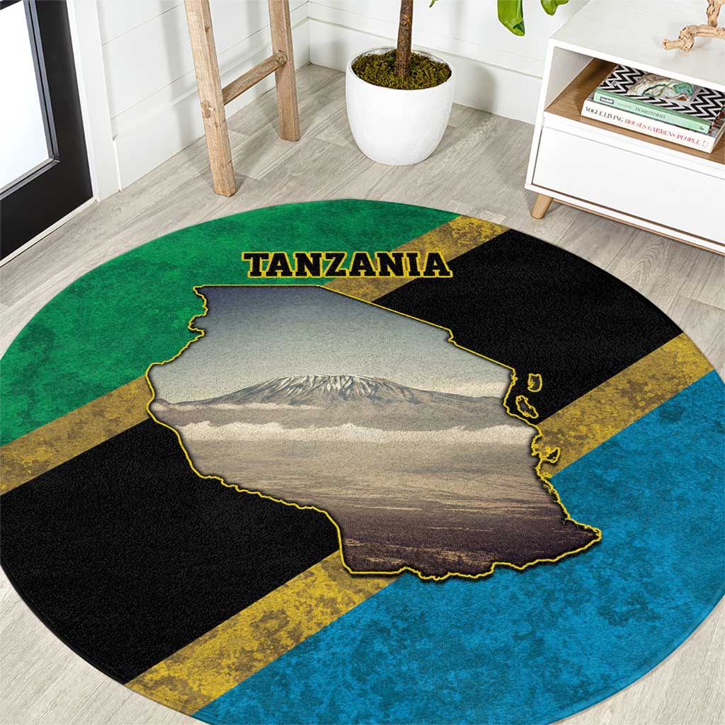Kilimanjaro Tanzania Round Carpet Grunge Flag Map of Tanzania - Wonder Print Shop