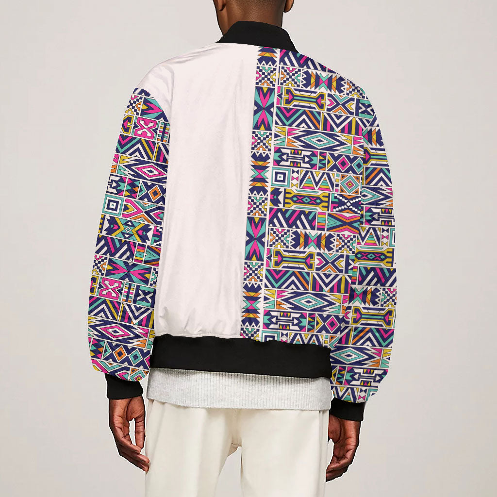 African Ndebele Art Patterns Bomber Jacket Beige Half Style