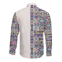 African Ndebele Art Patterns Long Sleeve Button Shirt Beige Half Style