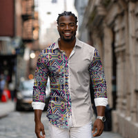 African Ndebele Art Patterns Long Sleeve Button Shirt Beige Half Style