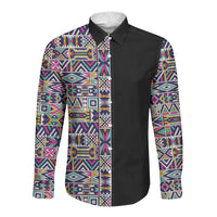 African Ndebele Art Patterns Long Sleeve Button Shirt Black Half Style