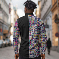 African Ndebele Art Patterns Long Sleeve Button Shirt Black Half Style