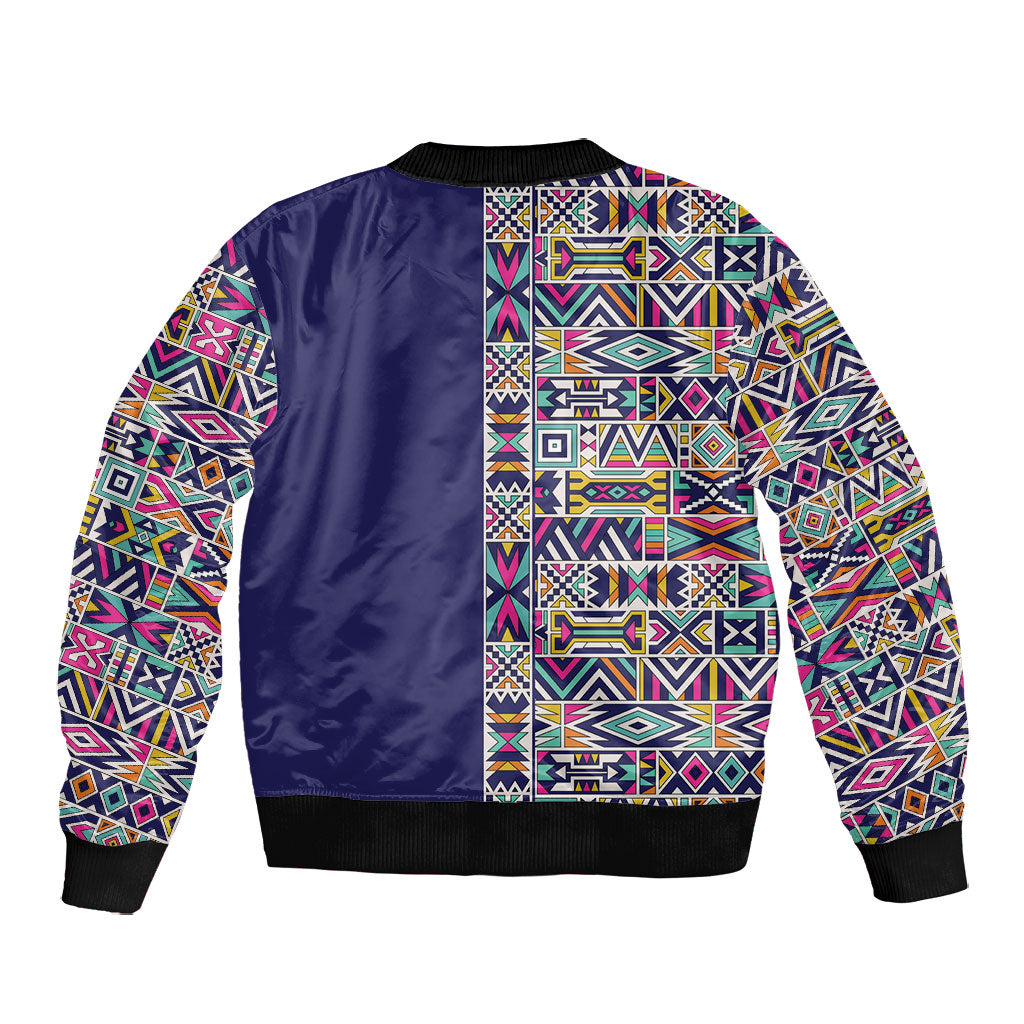 African Ndebele Art Patterns Bomber Jacket Navy Blue Half Style