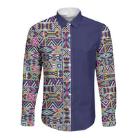 African Ndebele Art Patterns Long Sleeve Button Shirt Navy Blue Half Style