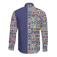 African Ndebele Art Patterns Long Sleeve Button Shirt Navy Blue Half Style