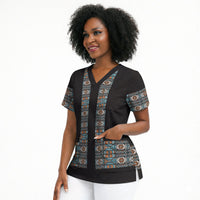 African Ndebele Traditional Attire Scrub Top Black Ndebele Stripe