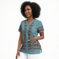 African Ndebele Traditional Attire Scrub Top Blue Ndebele Stripe