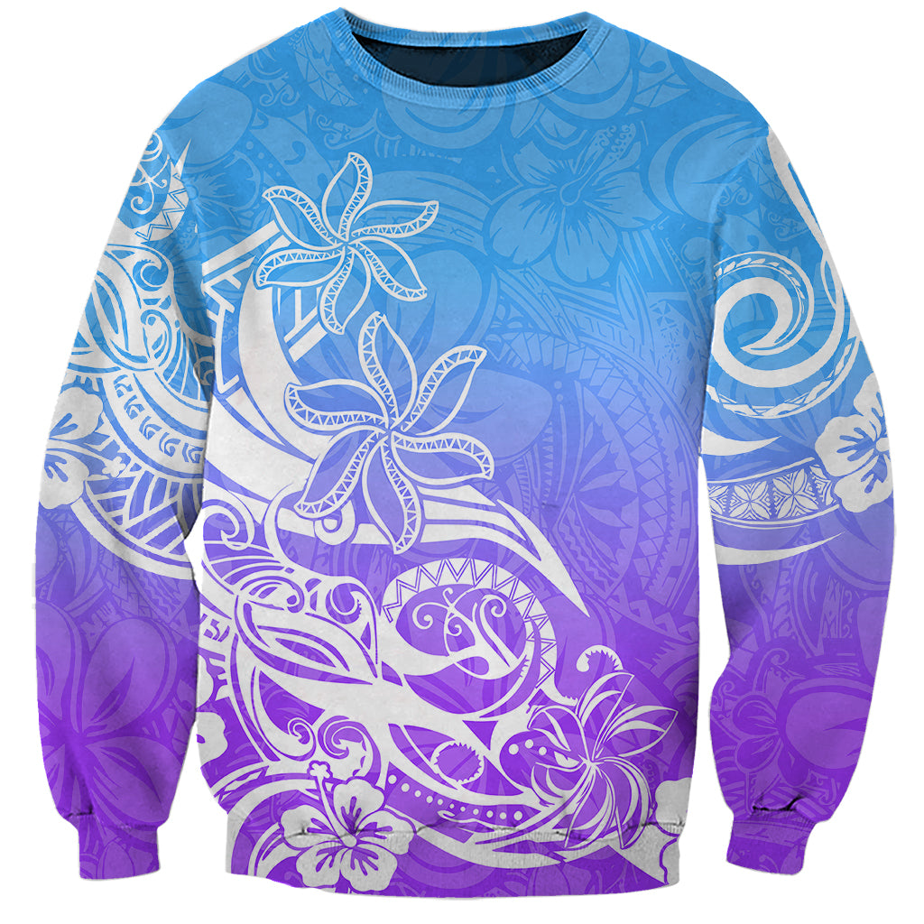 Unisex crewneck sweatshirt, blue and purple plumeria tribal print