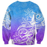 Back of unisex crewneck sweatshirt, blue and purple plumeria tribal print
