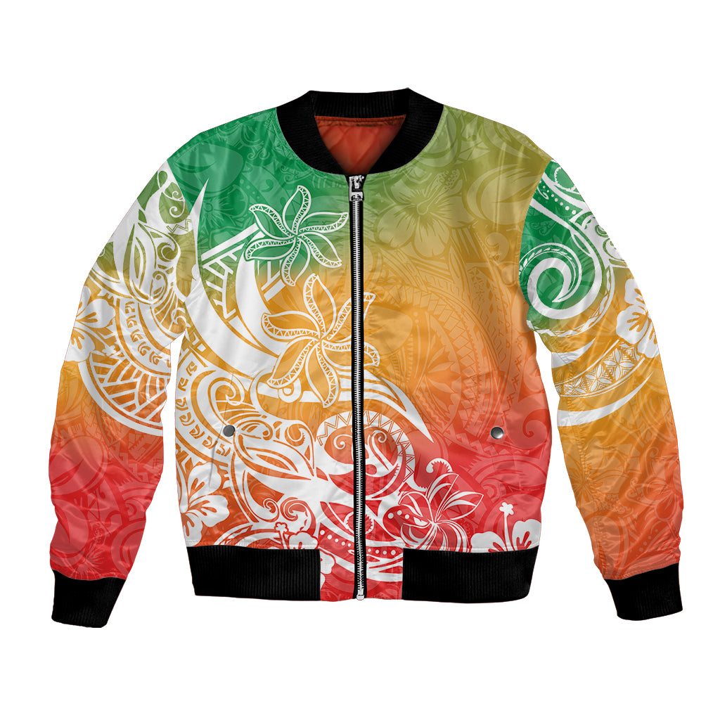 Bomber jacket with colorful tropical plumeria and tribal pattern, front zipper, black rib trim