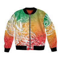 Bomber jacket with colorful tropical plumeria and tribal pattern, front zipper, black rib trim