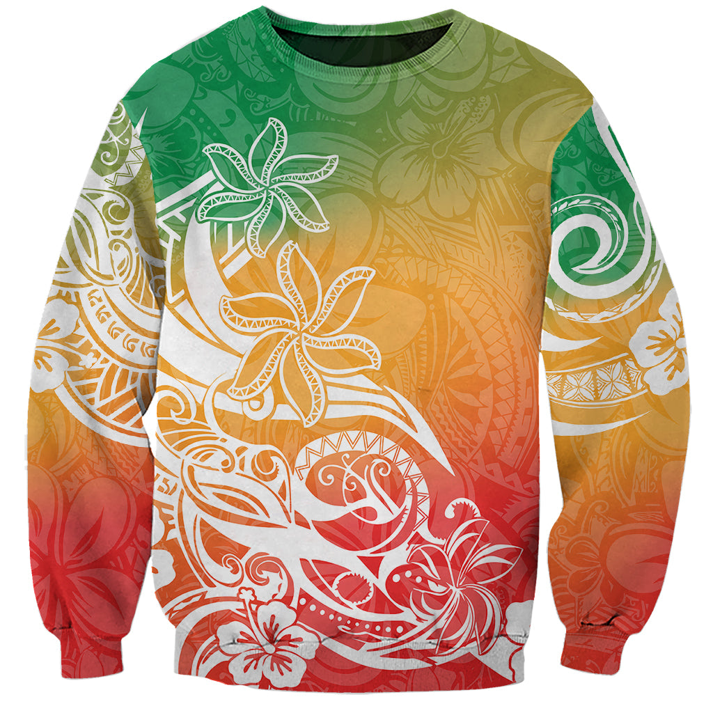 Unisex sweatshirt with white plumeria tribal print, green-to-red gradient