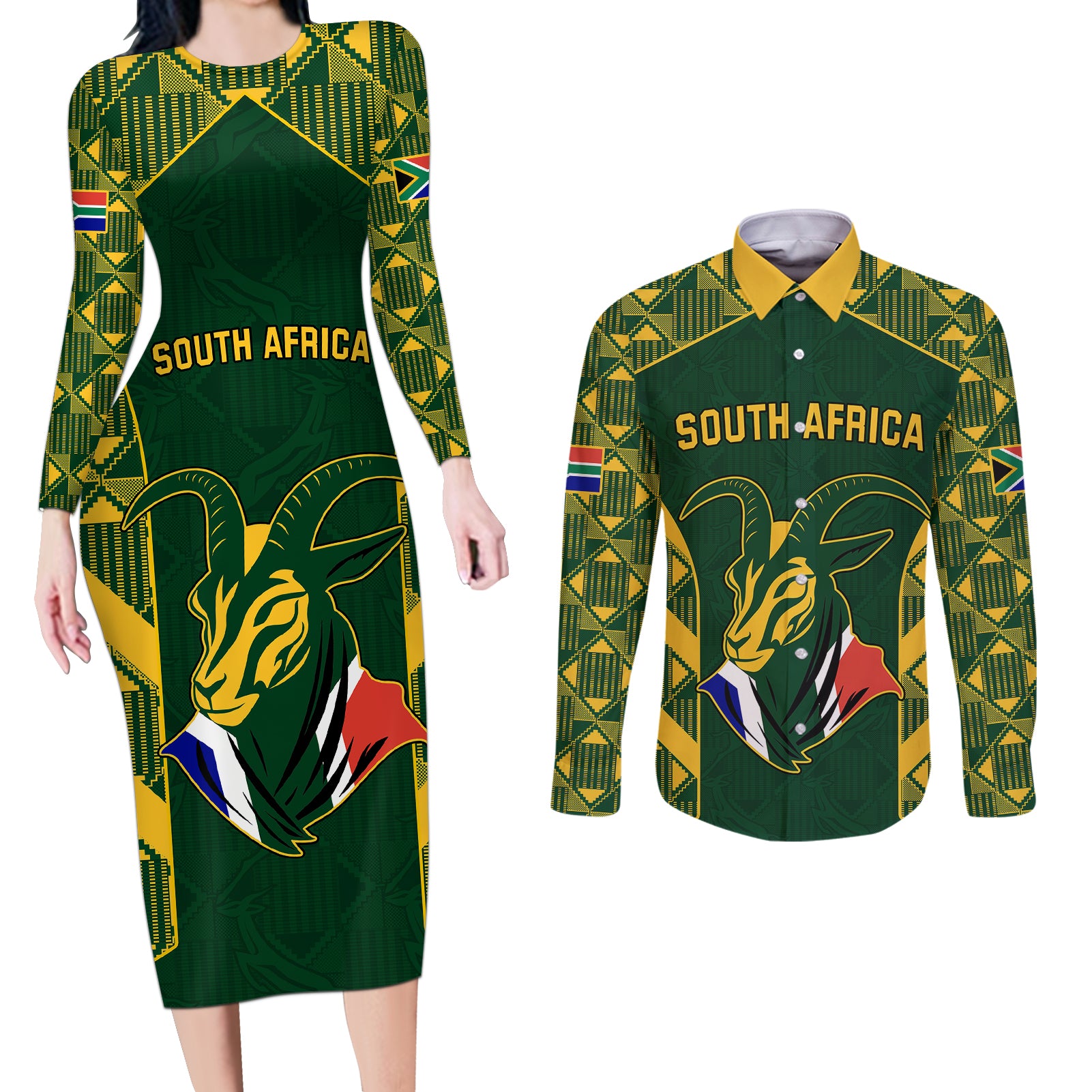 South Africa Rugby Couples Matching Long Sleeve Bodycon Dress and Long Sleeve Button Shirts Bokke Champions Kente Pattern LT9 - Wonder Print Shop