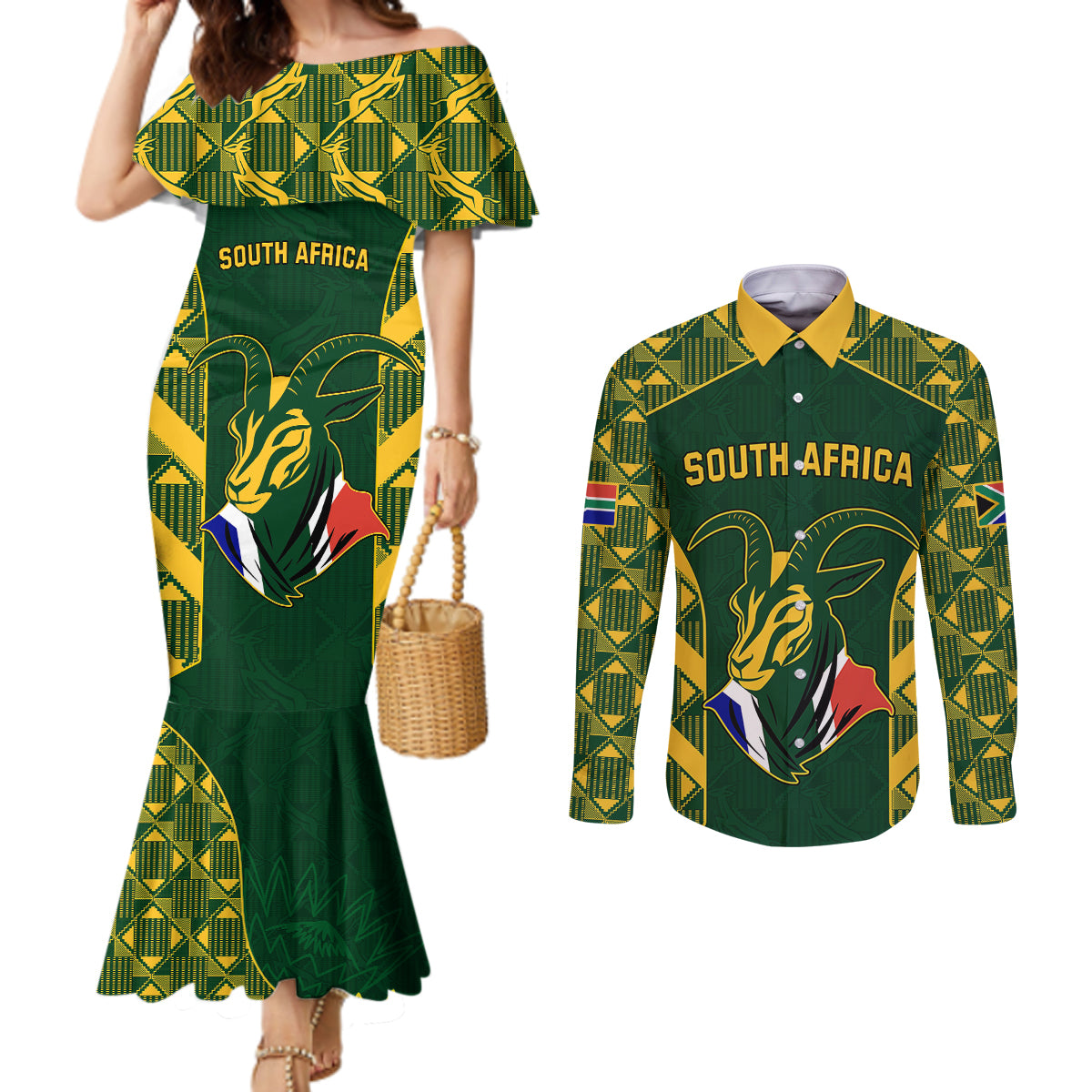 south-africa-rugby-couples-matching-mermaid-dress-and-long-sleeve-button-shirts-bokke-champions-kente-pattern