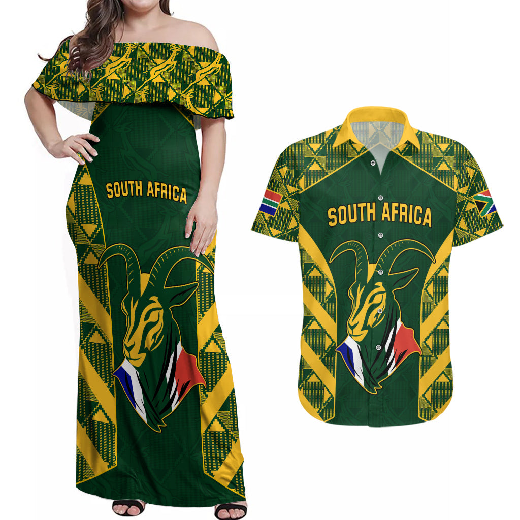 South Africa Rugby Couples Matching Off Shoulder Maxi Dress and Hawaiian Shirt Bokke Champions Kente Pattern LT9 - Wonder Print Shop