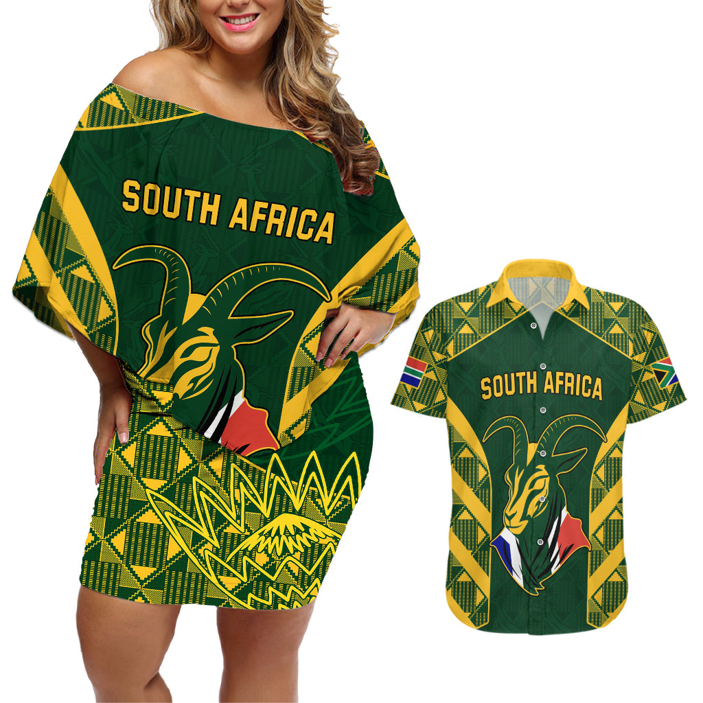 South Africa Rugby Couples Matching Off Shoulder Short Dress and Hawaiian Shirt Bokke Champions Kente Pattern LT9 - Wonder Print Shop