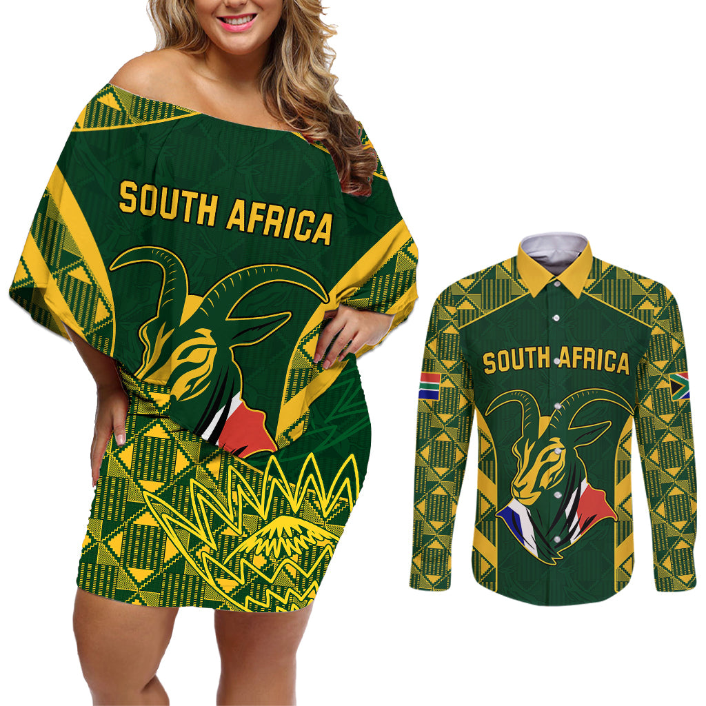 South Africa Rugby Couples Matching Off Shoulder Short Dress and Long Sleeve Button Shirts Bokke Champions Kente Pattern LT9 - Wonder Print Shop