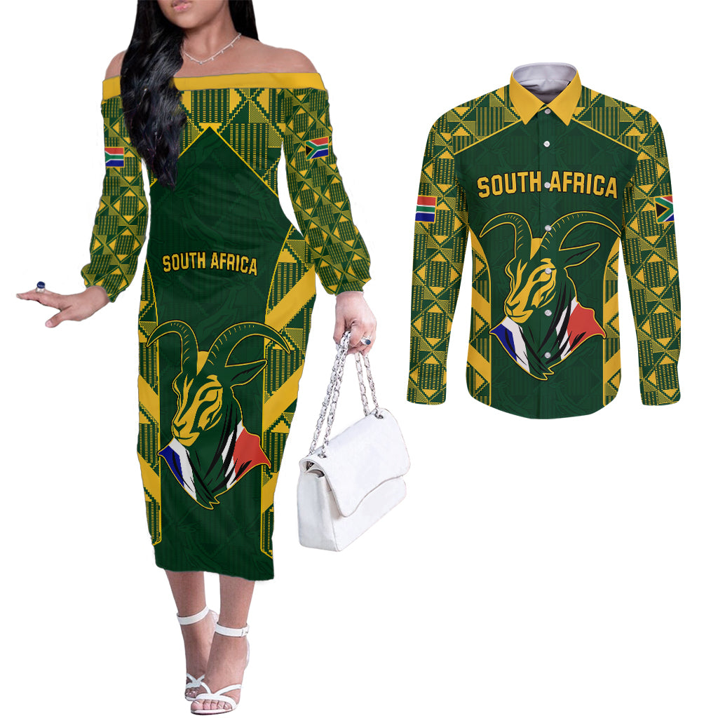 south-africa-rugby-couples-matching-off-the-shoulder-long-sleeve-dress-and-long-sleeve-button-shirts-bokke-champions-kente-pattern