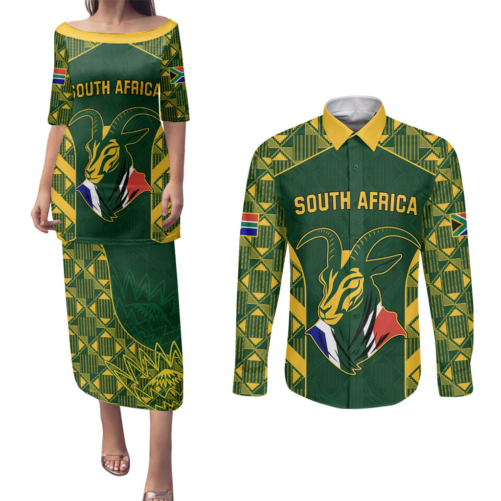 South Africa Rugby Couples Matching Puletasi Dress and Long Sleeve Button Shirts Bokke Champions Kente Pattern LT9 - Wonder Print Shop