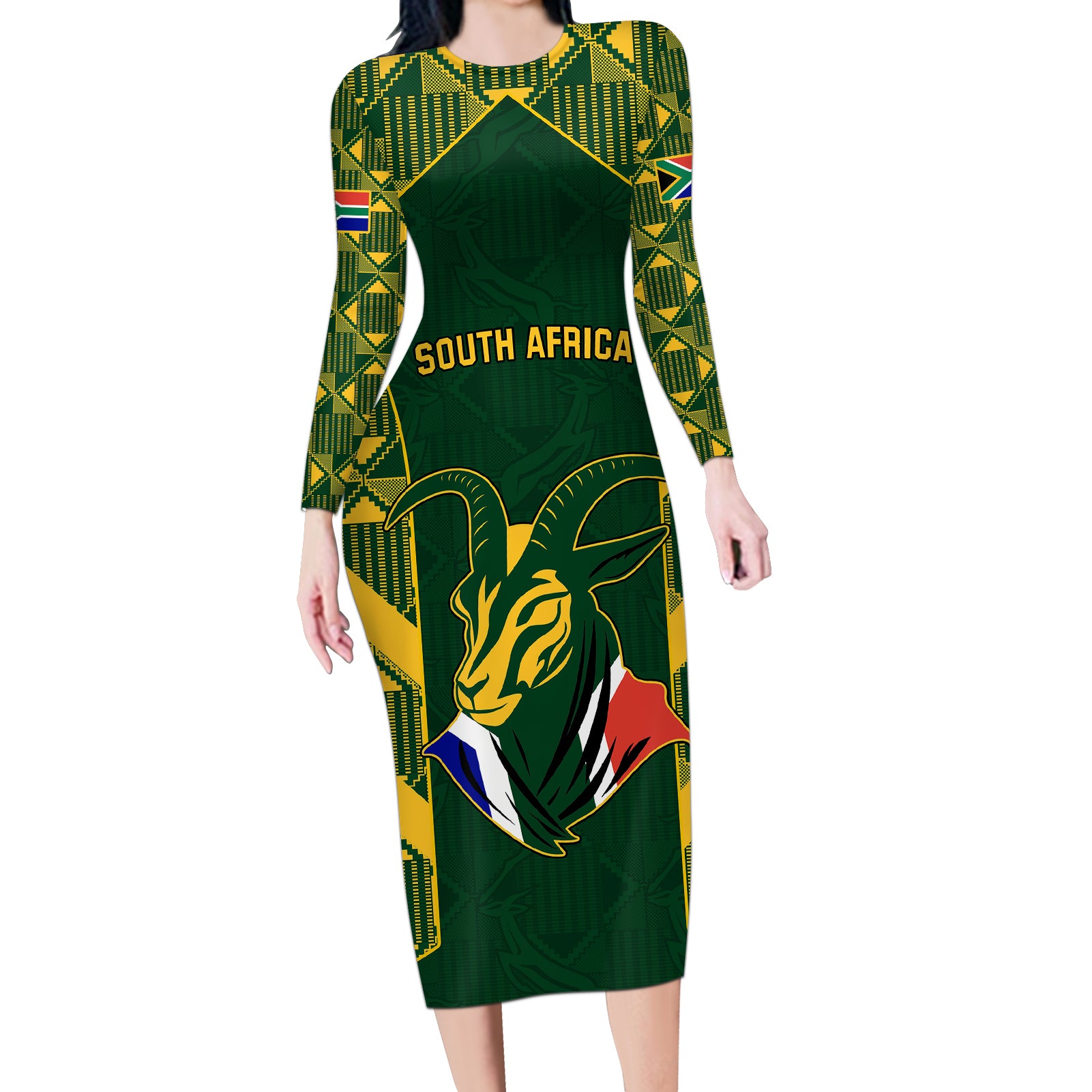 South Africa Rugby Long Sleeve Bodycon Dress Bokke Champions Kente Pattern - Wonder Print Shop