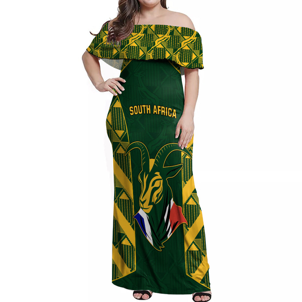 South Africa Rugby Off Shoulder Maxi Dress Bokke Champions Kente Pattern - Wonder Print Shop