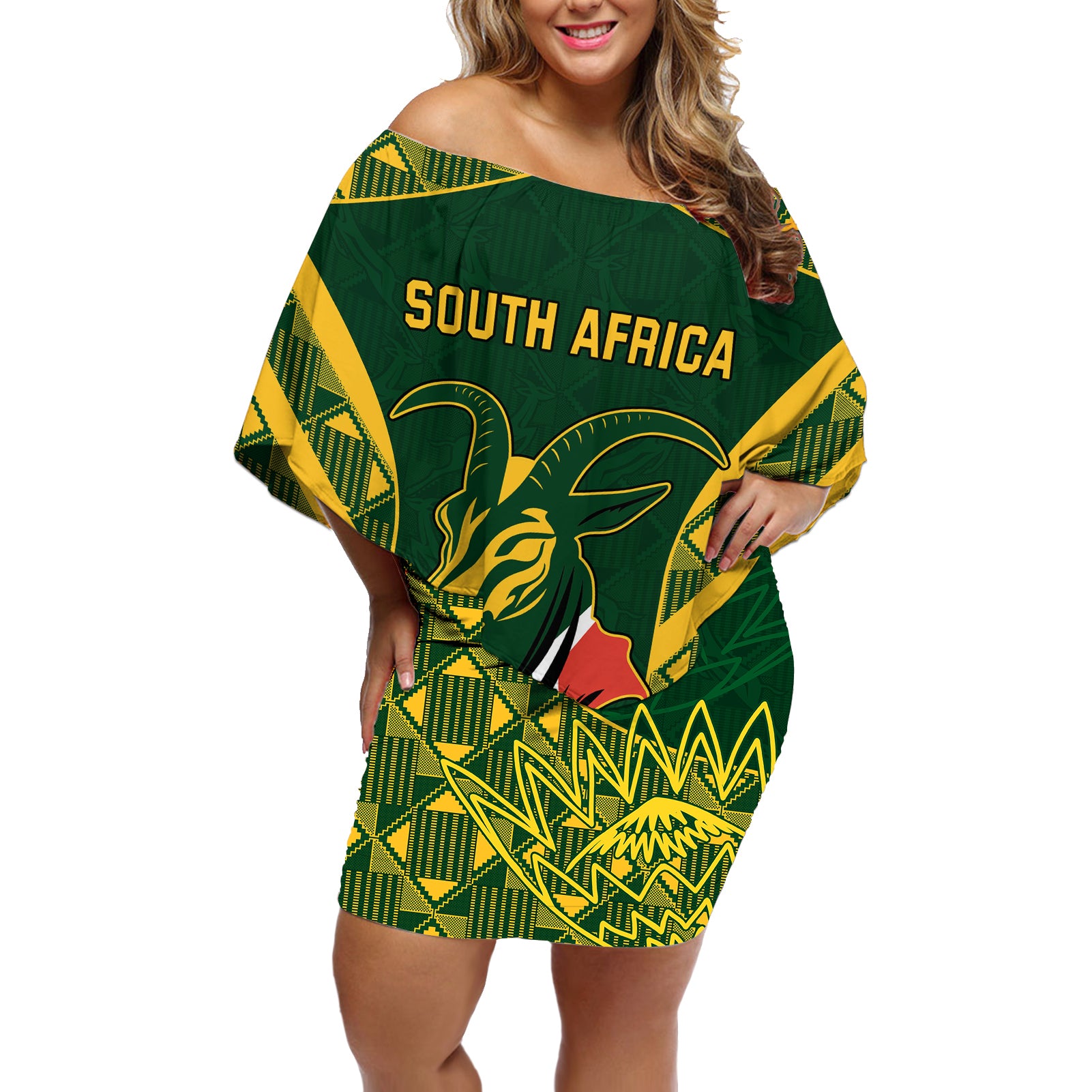 South Africa Rugby Off Shoulder Short Dress Bokke Champions Kente Pattern - Wonder Print Shop