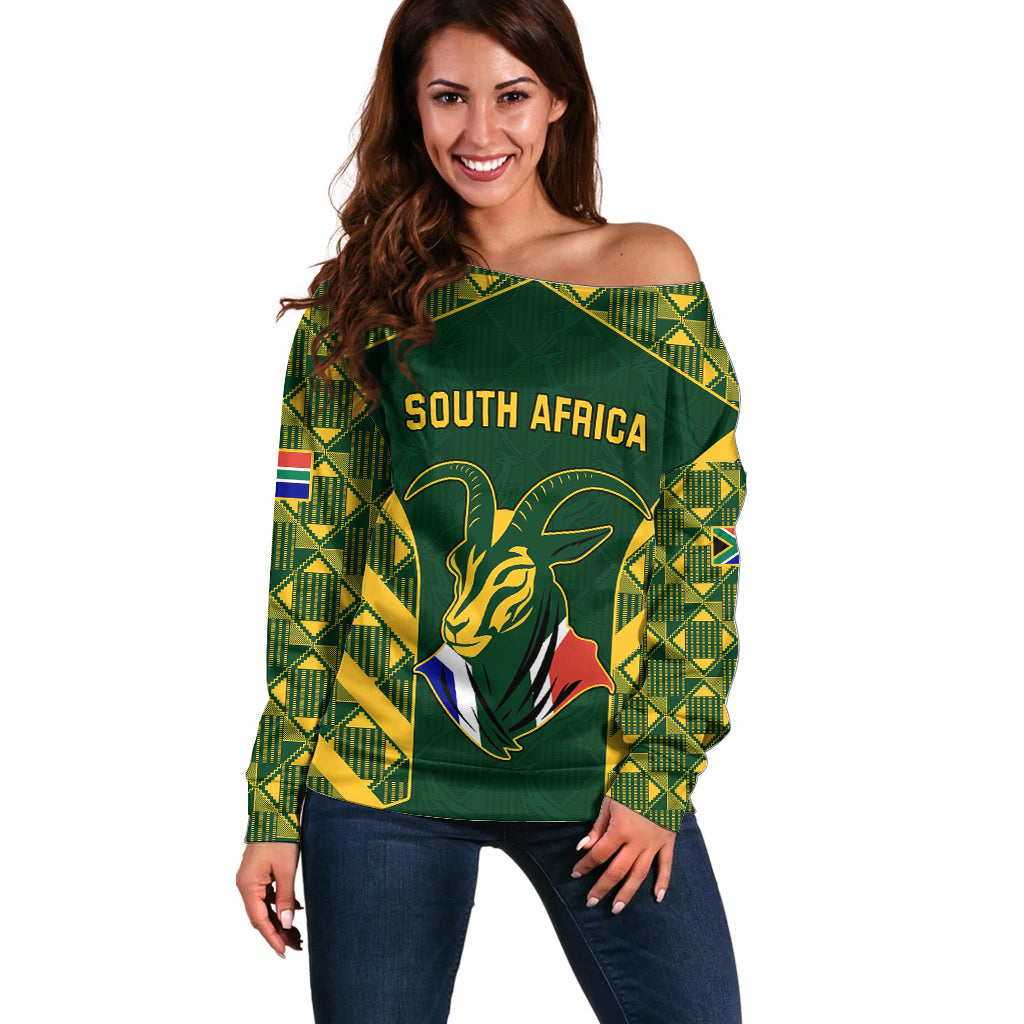 South Africa Rugby Off Shoulder Sweater Bokke Champions Kente Pattern - Wonder Print Shop