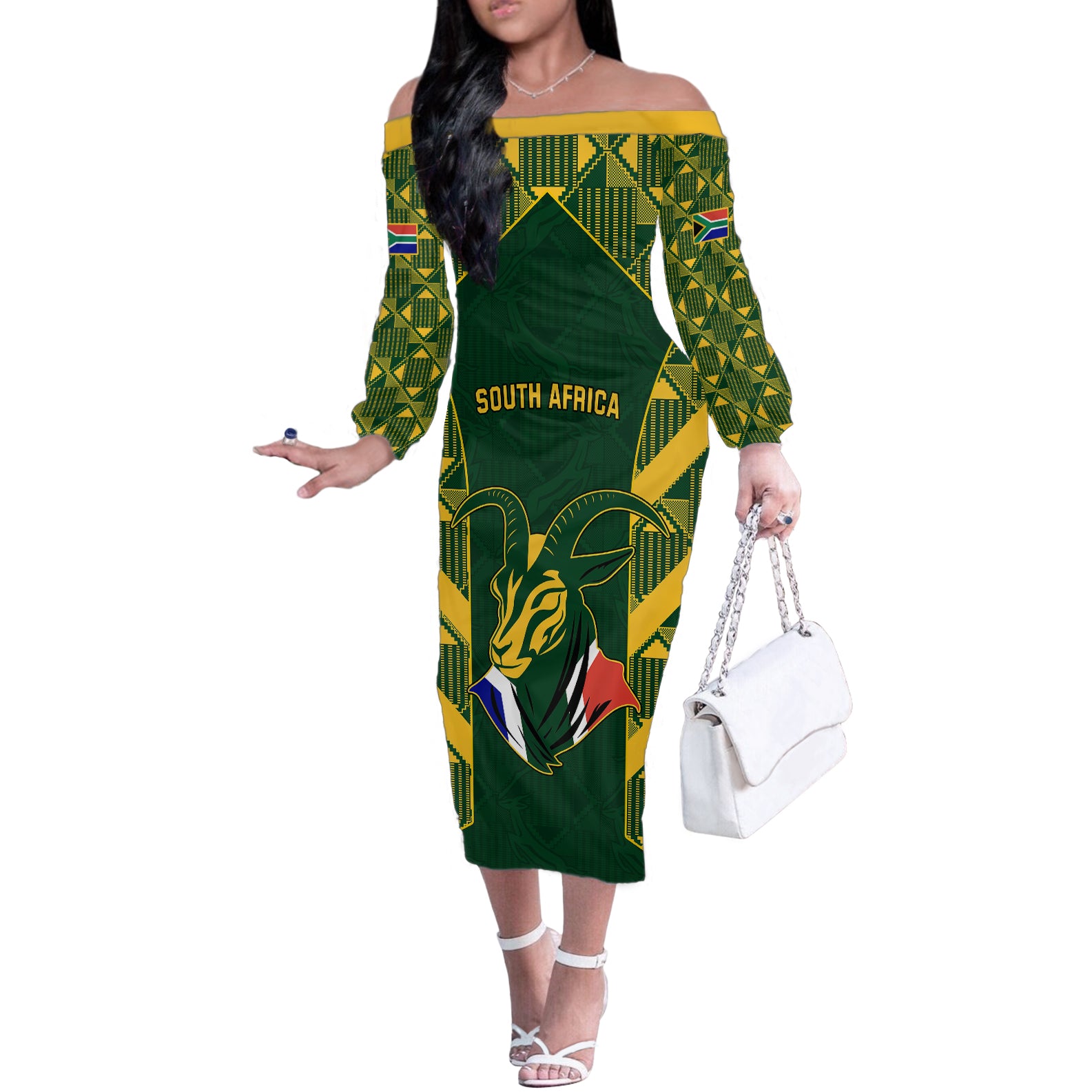 South Africa Rugby Off The Shoulder Long Sleeve Dress Bokke Champions Kente Pattern - Wonder Print Shop