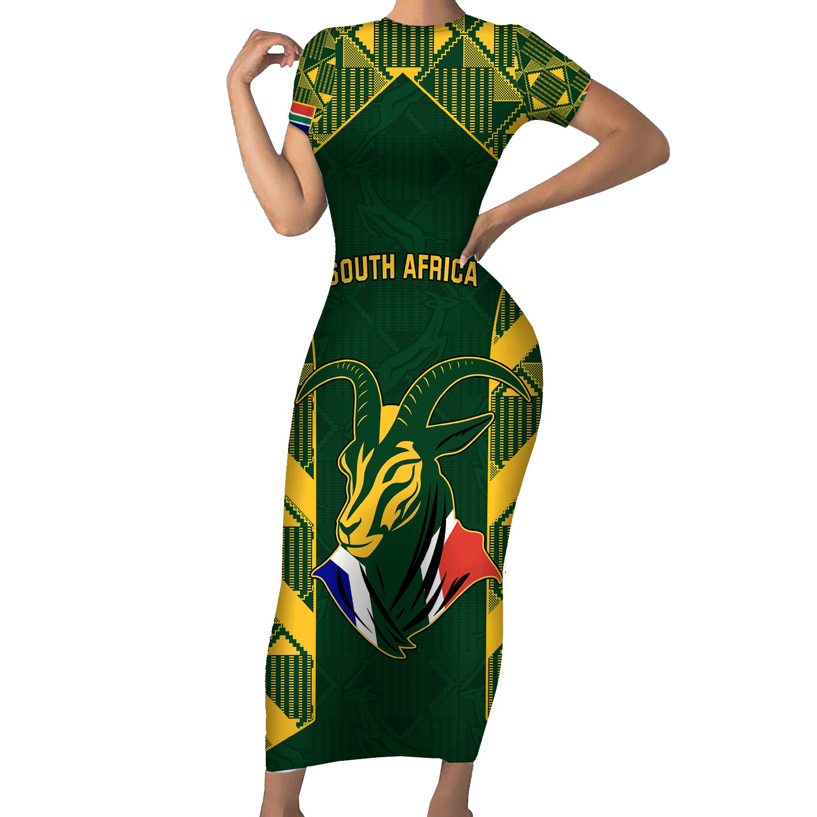 south-africa-rugby-short-sleeve-bodycon-dress-bokke-champions-kente-pattern