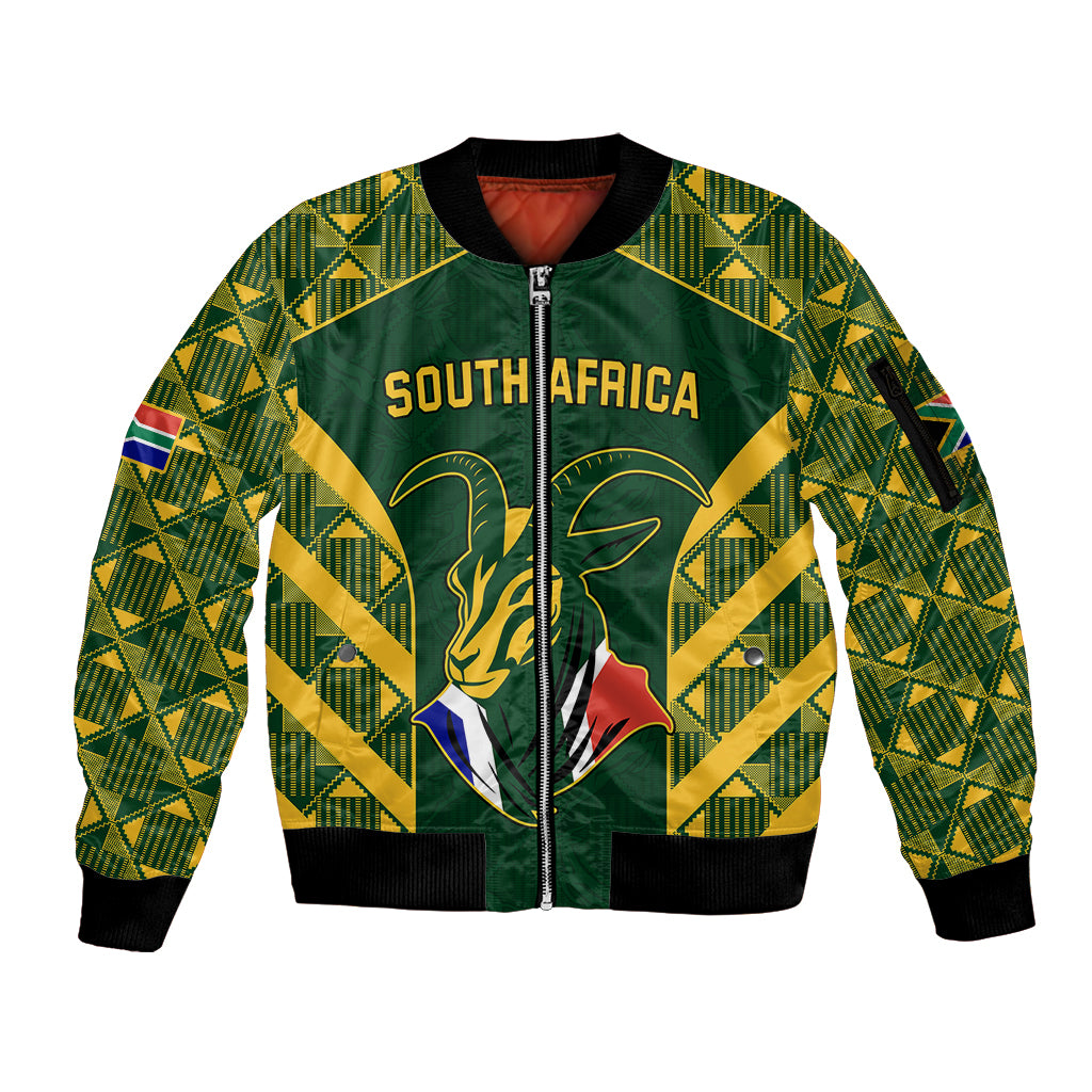 South Africa Rugby Sleeve Zip Bomber Jacket Bokke Champions Kente Pattern - Wonder Print Shop