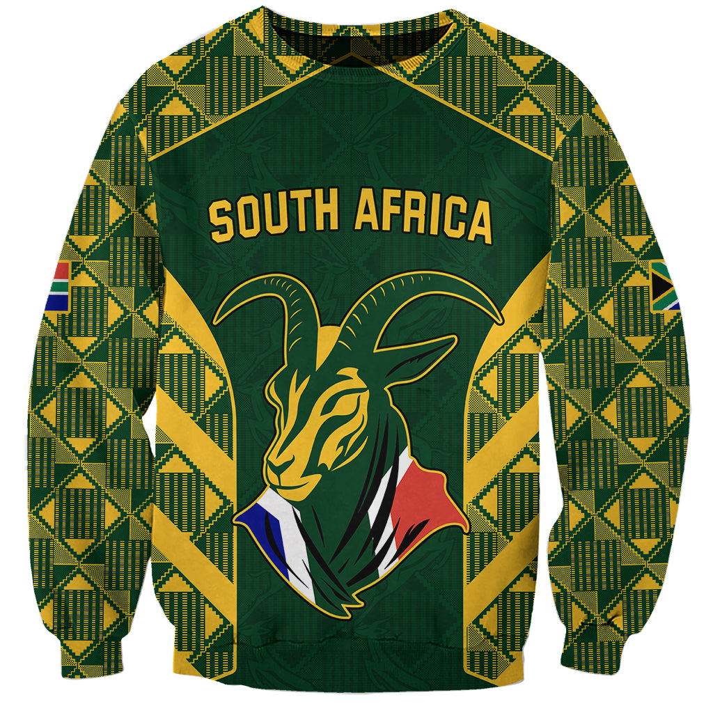 Green rugby sweatshirt with kente check pattern and South Africa graphic front