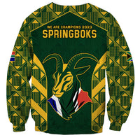 Green rugby sweatshirt with kente check pattern, Springboks 2023 text back