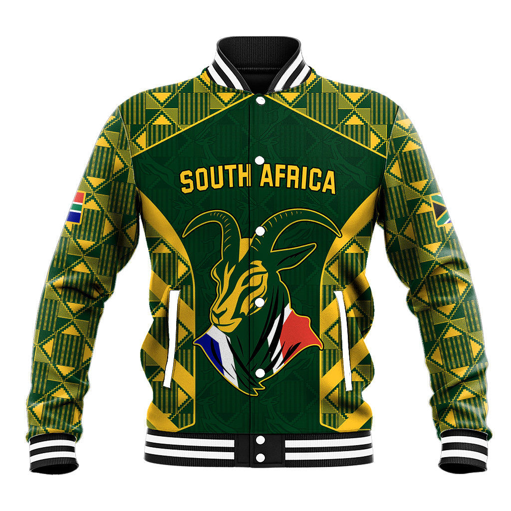 Green varsity baseball jacket with Kente pattern, South Africa text and springbok graphic