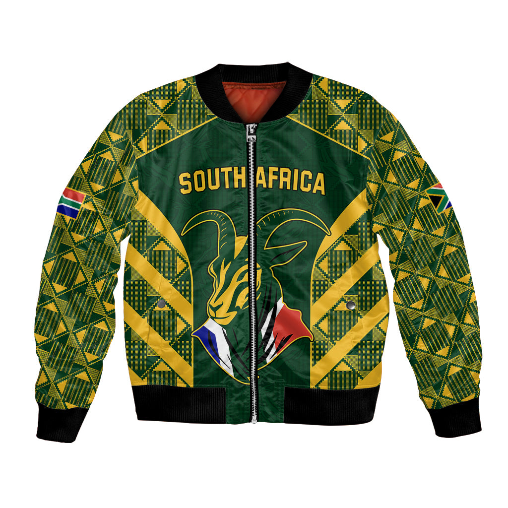 Green bomber jacket with kente pattern, zip front, South Africa lettering and graphic
