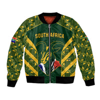 Green bomber jacket with kente pattern, zip front, South Africa lettering and graphic