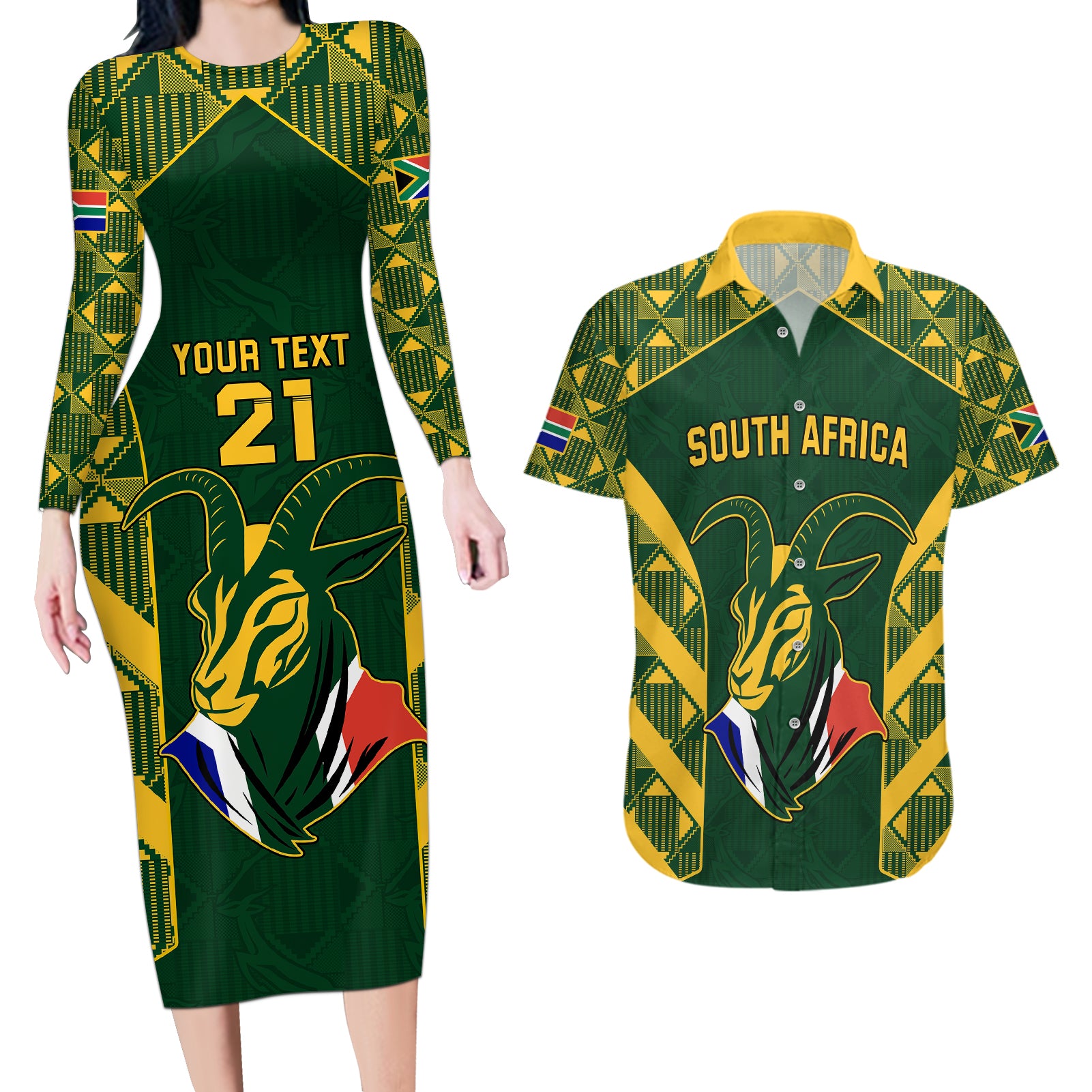 Custom South Africa Rugby Couples Matching Long Sleeve Bodycon Dress and Hawaiian Shirt Bokke Champions Kente Pattern LT9 - Wonder Print Shop