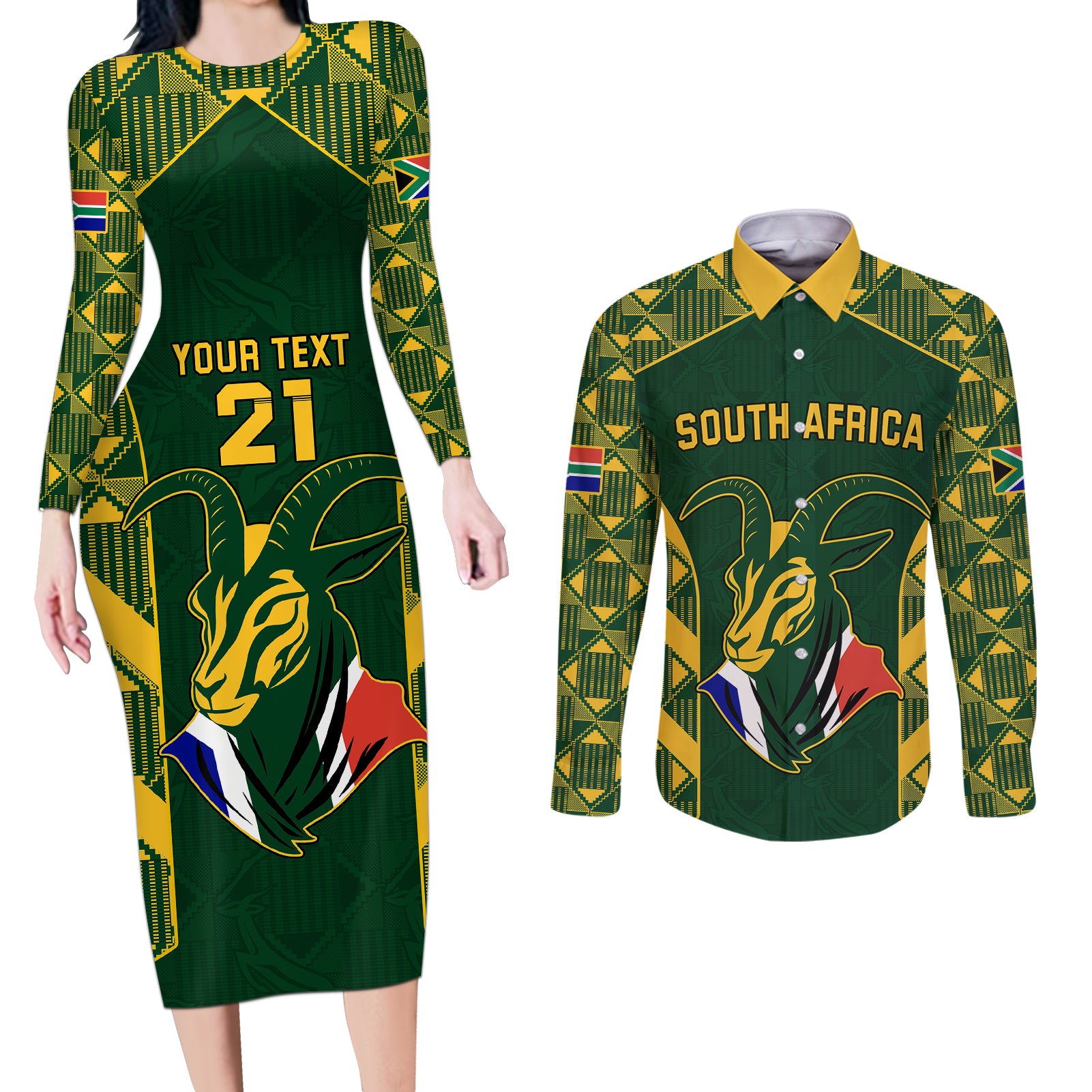 Custom South Africa Rugby Couples Matching Long Sleeve Bodycon Dress and Long Sleeve Button Shirts Bokke Champions Kente Pattern LT9 - Wonder Print Shop