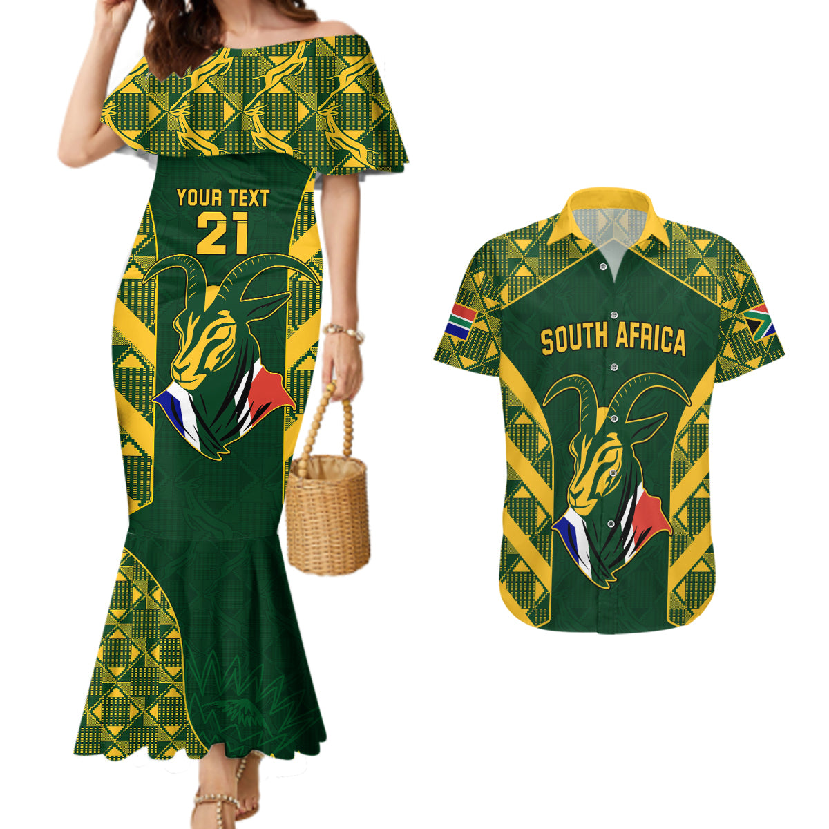 Custom South Africa Rugby Couples Matching Mermaid Dress and Hawaiian Shirt Bokke Champions Kente Pattern LT9 - Wonder Print Shop