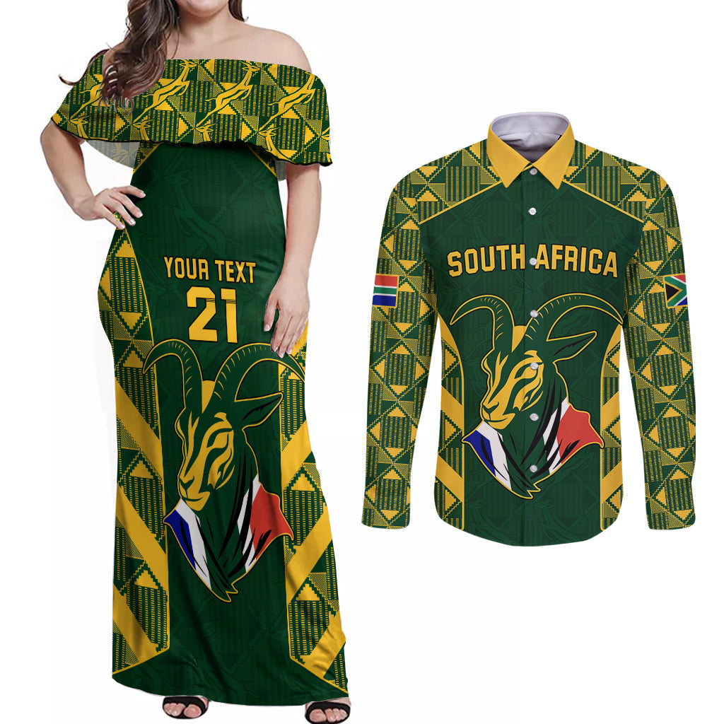 Custom South Africa Rugby Couples Matching Off Shoulder Maxi Dress and Long Sleeve Button Shirts Bokke Champions Kente Pattern LT9 - Wonder Print Shop