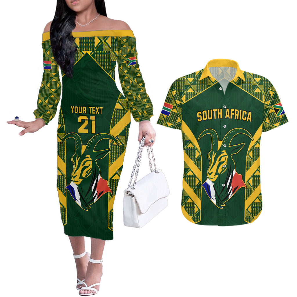 Custom South Africa Rugby Couples Matching Off The Shoulder Long Sleeve Dress and Hawaiian Shirt Bokke Champions Kente Pattern LT9 - Wonder Print Shop