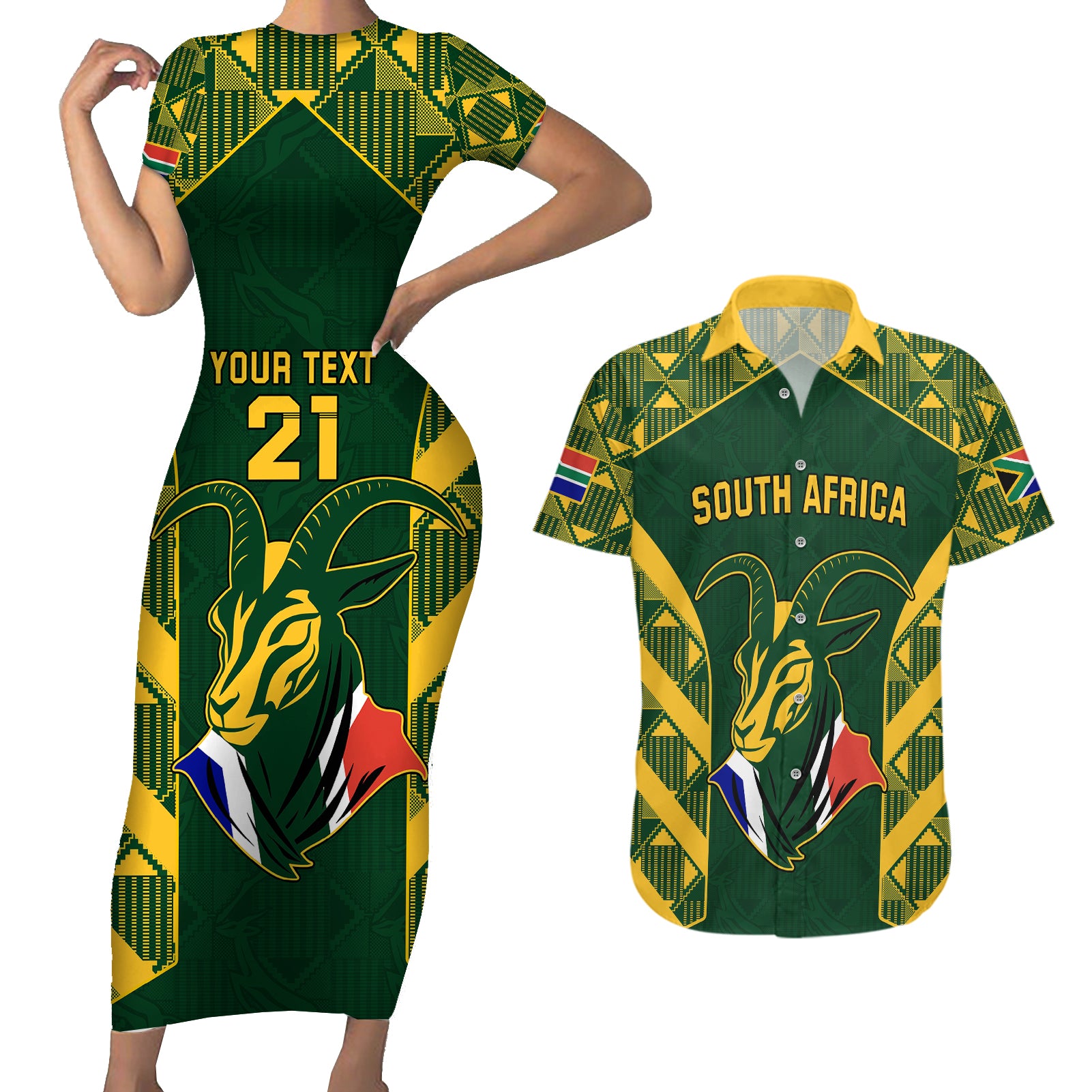 Custom South Africa Rugby Couples Matching Short Sleeve Bodycon Dress and Hawaiian Shirt Bokke Champions Kente Pattern LT9 - Wonder Print Shop